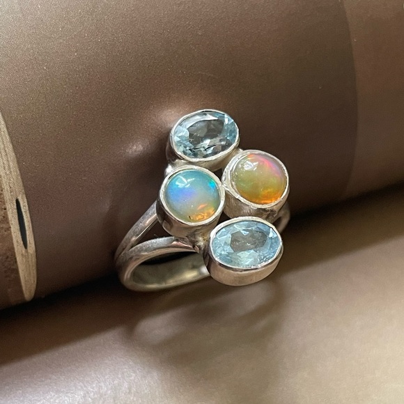 925 Sterling Silver Ring Ethiopian Opal & Blue Topaz Size US: 8 or adjustable